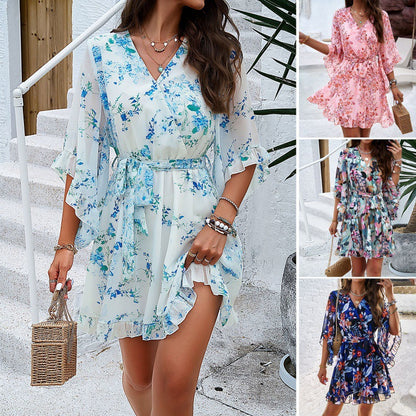 Women's Fashionable Elegant Printed Lace-up Dress