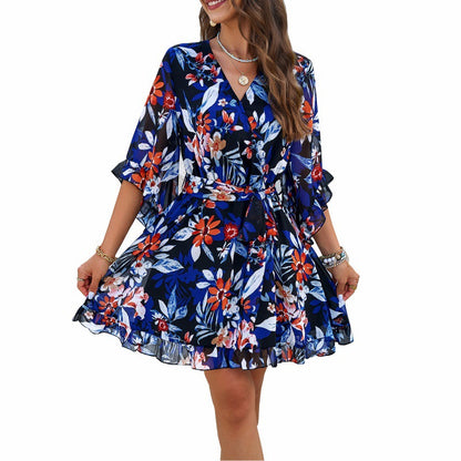 Women's Fashionable Elegant Printed Lace-up Dress
