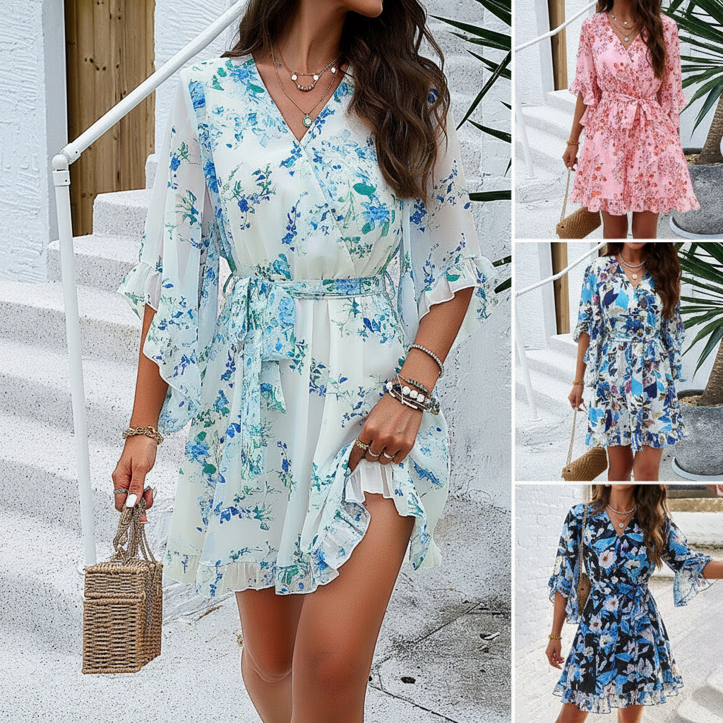 Women's Fashionable Elegant Printed Lace-up Dress