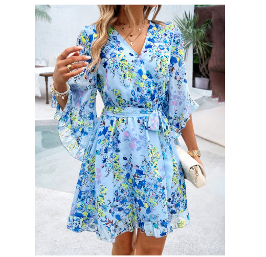 Women's Fashionable Elegant Printed Lace-up Dress - Color: Sky Blue, Size: L