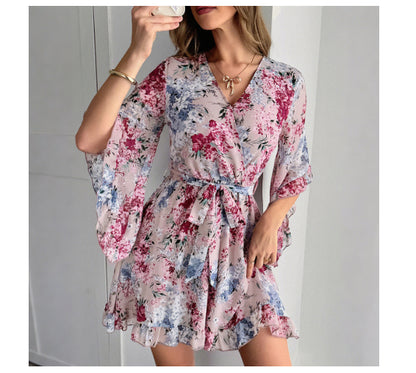 Women's Fashionable Elegant Printed Lace-up Dress - Color: Pale pinkish grey, Size: L