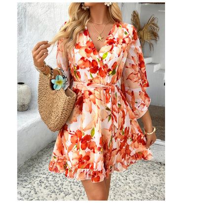 Women's Fashionable Elegant Printed Lace-up Dress - Color: Tangerine, Size: L