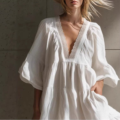 Robe Bulle Dentelle Col V - reveliu