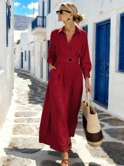 Robe Chemise Fendue Manches Longues - reveliu