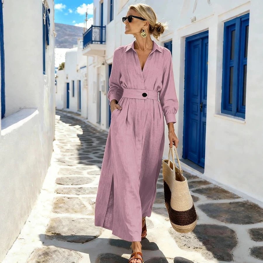 Robe Chemise Fendue Manches Longues - reveliu