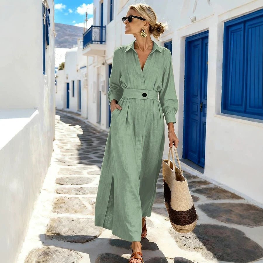 Robe Chemise Fendue Manches Longues - reveliu
