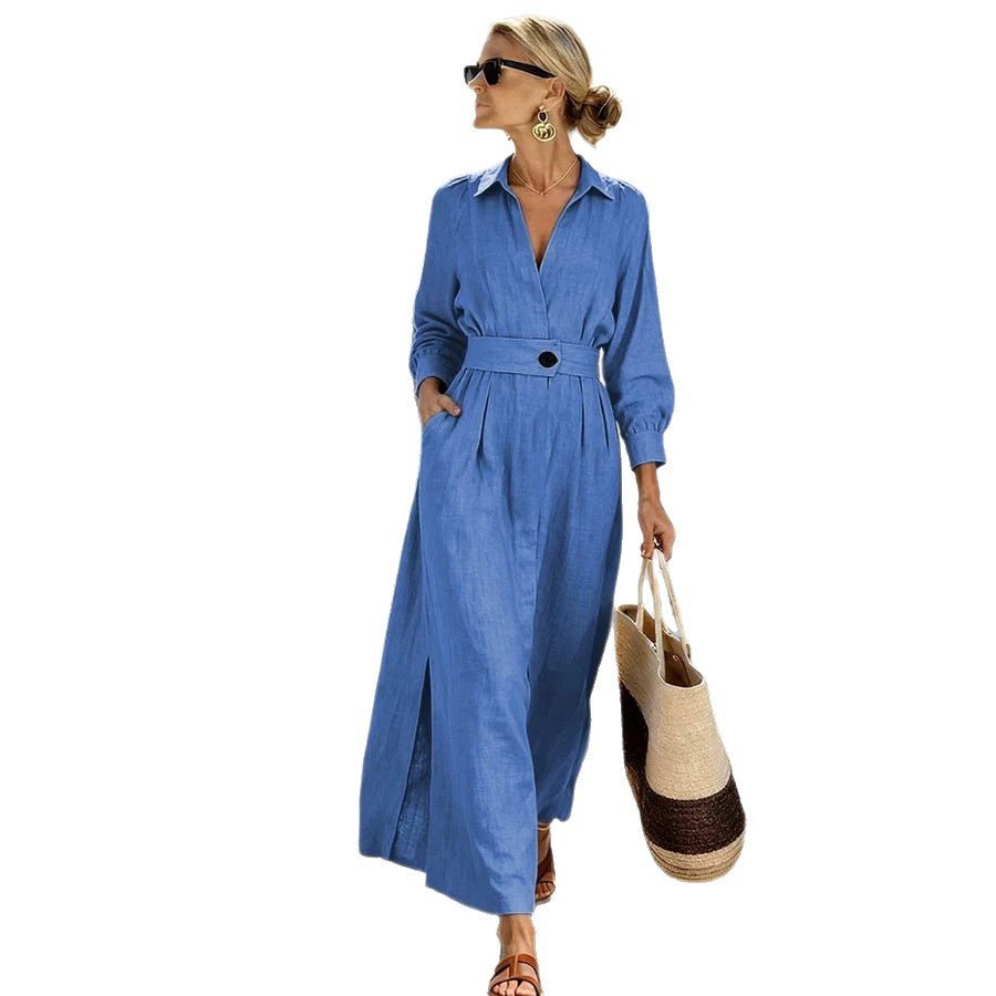Robe Chemise Fendue Manches Longues - reveliu