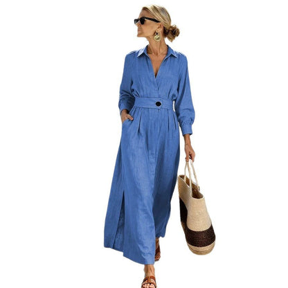 Robe Chemise Fendue Manches Longues - reveliu