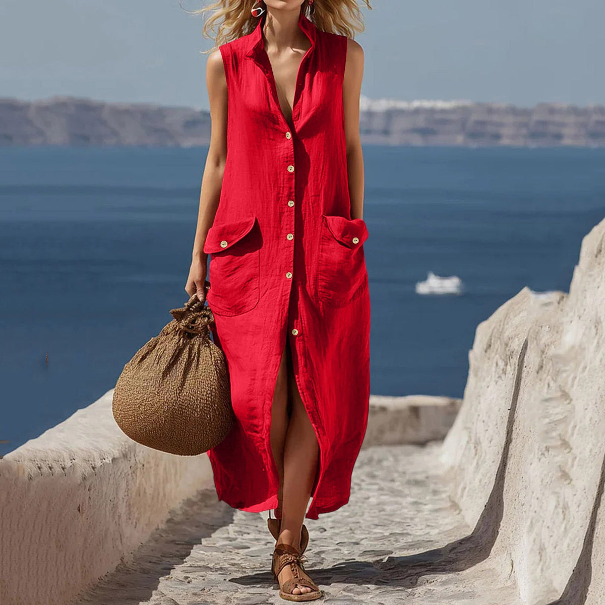 Robe Col V Sans Manches Unie - reveliu